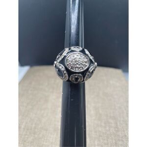 Black and Silver Dome Ring Black Enamel With Crystals in Swirl Patterns  Size 6